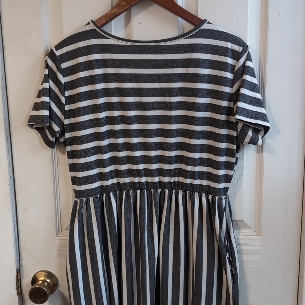 Tickled Teal Grey White Striped Shirt Dress With Pockets Size XL - Picture 4 of 6